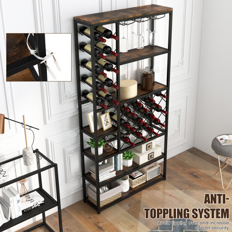 Industrial floor wine rack featuring 3 rows of glass holders and 27-bottle capacity, perfect for home bars or kitchens.