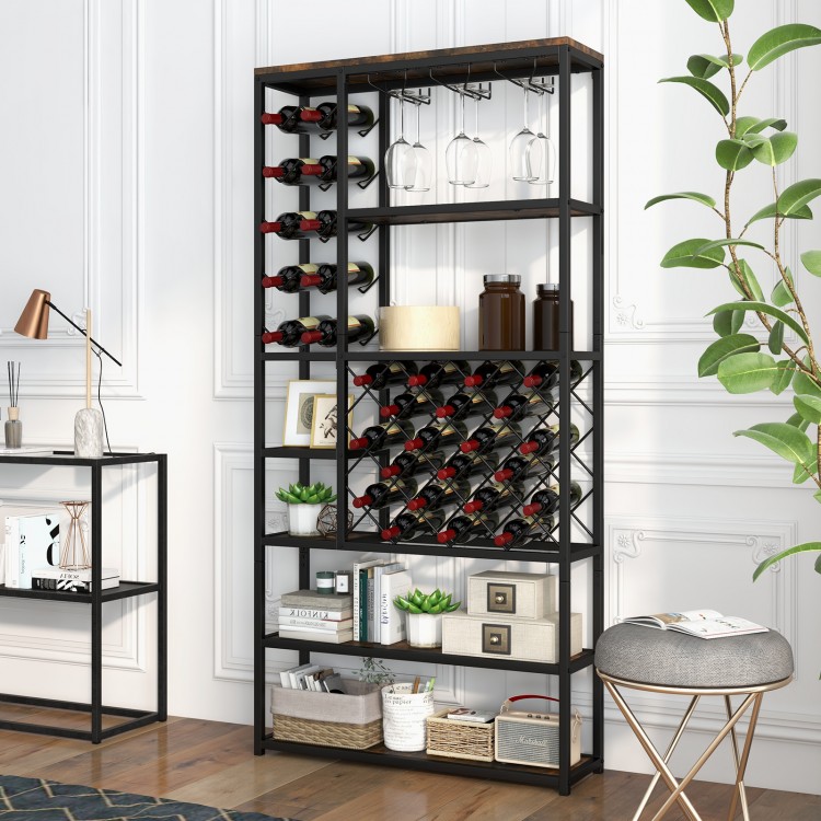 Industrial floor wine rack featuring 10-bottle and 17-bottle storage, with glass holders and 6-tier shelves for.