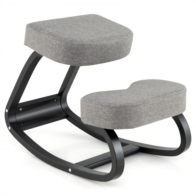 Ergonomic rocking kneeling chair with padded grey cushion and birch wood frame for active sitting and comfort.