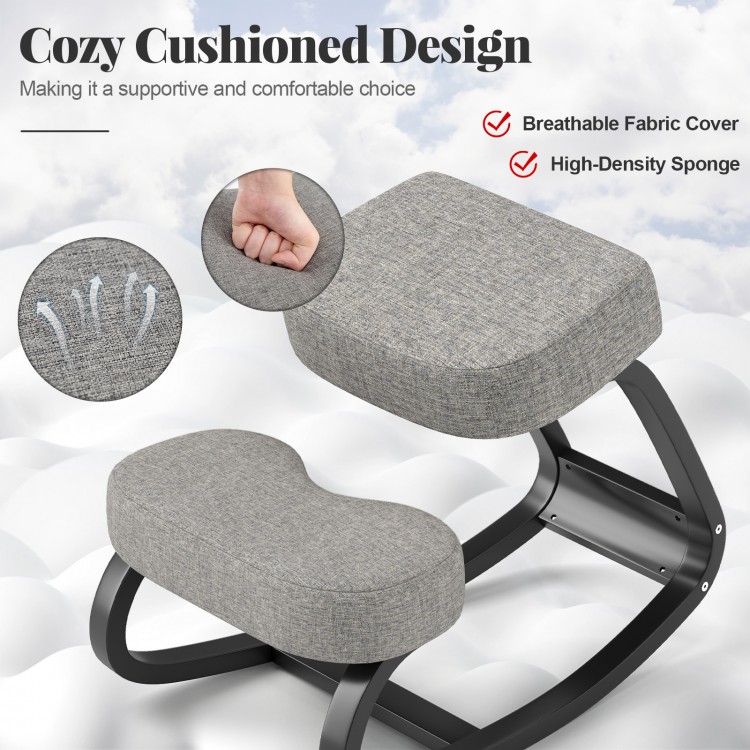 Ergonomic rocking kneeling chair with grey padded cushion, breathable fabric, and sturdy birch wood for active sitting.