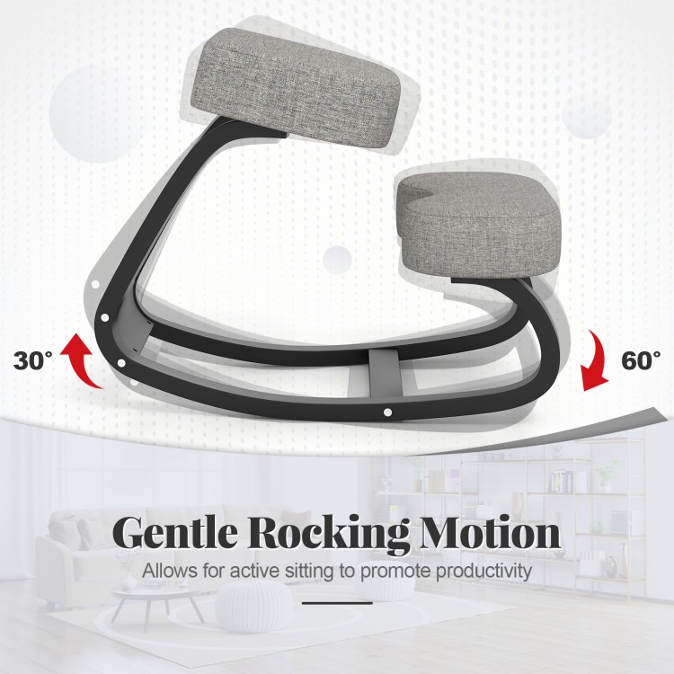 Wooden ergonomic rocking kneeling chair with grey padded cushion, promoting active sitting and productivity in a cozy.