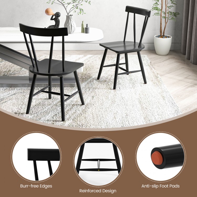 Windsor style armless chair in black with solid rubber wood frame, featuring anti-slip foot pads for versatile use.