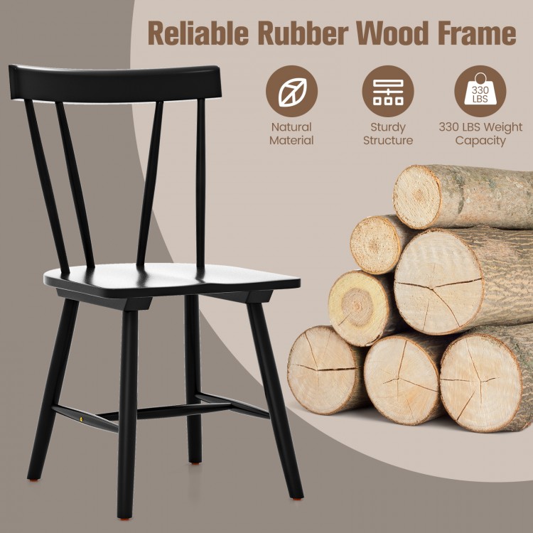 Windsor style armless chair in black showcasing a solid rubber wood frame with rounded corners for safe use.