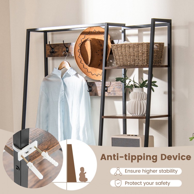 5-in-1 entryway hall tree in rustic brown with 9 hooks and shoe bench, featuring anti-tipping device for safety.