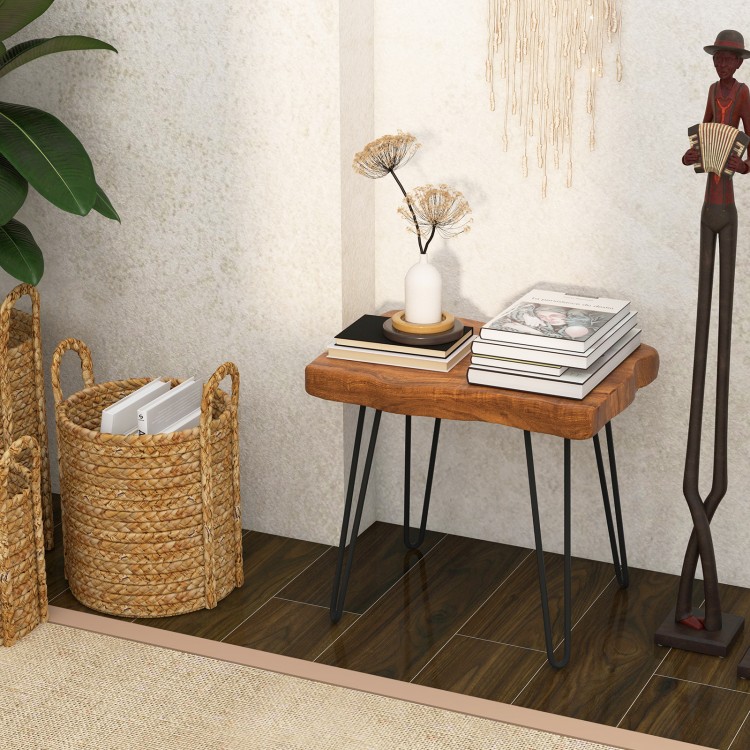 Rectangular reclaimed teak wood end table with metal legs, showcasing unique wood grains, perfect for storage and.