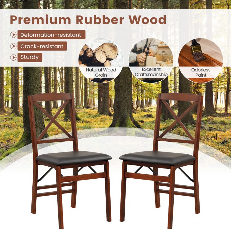Set of 2 folding dining chairs in brown, made of premium rubber wood, featuring soft foam cushions for comfort.