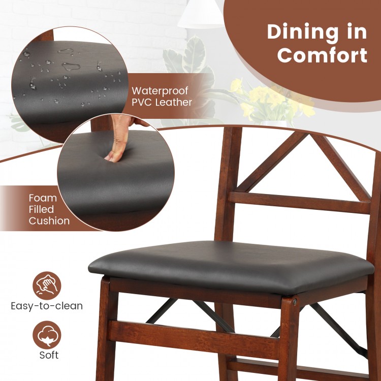 Folding dining chair with waterproof PVC leather cushion, brown rubber wood frame, and 400 lbs capacity for comfortable.