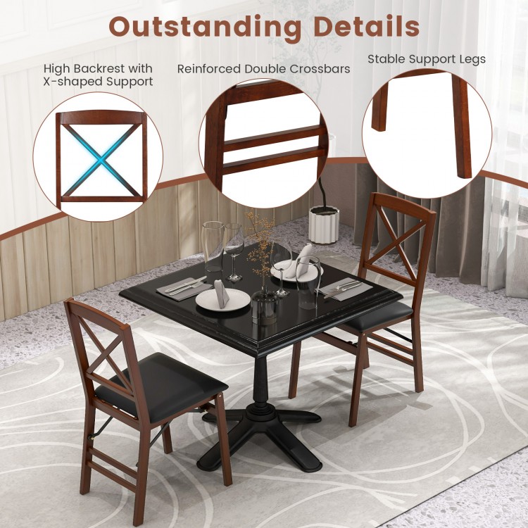 Set of 2 folding dining chairs with brown rubber wood, high backrest, and reinforced crossbars for 400 LBS capacity.