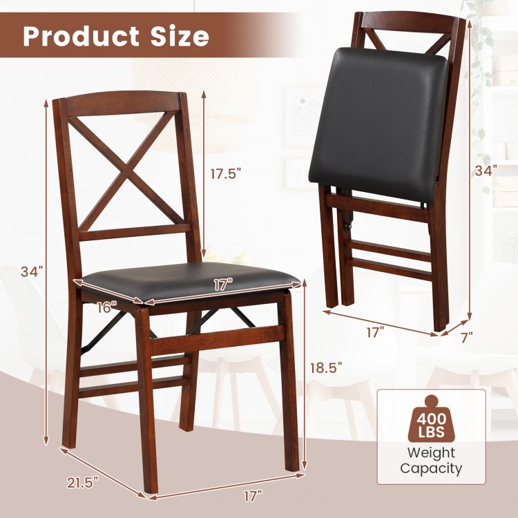 Folding dining chair with brown rubber wood, soft foam cushion, and 400 lbs capacity, shown with dimensions for easy.