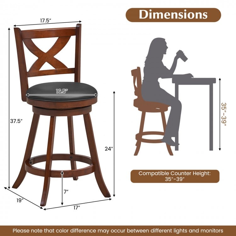 Classic counter height swivel bar stool set with X-shaped open back, solid wood frame, and PVC leather upholstery.