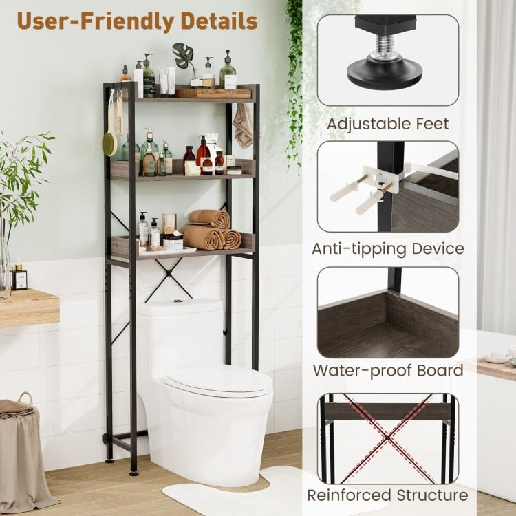 Over the toilet storage rack in gray with adjustable bottom bar, three shelves, and hooks for towels, ideal for.