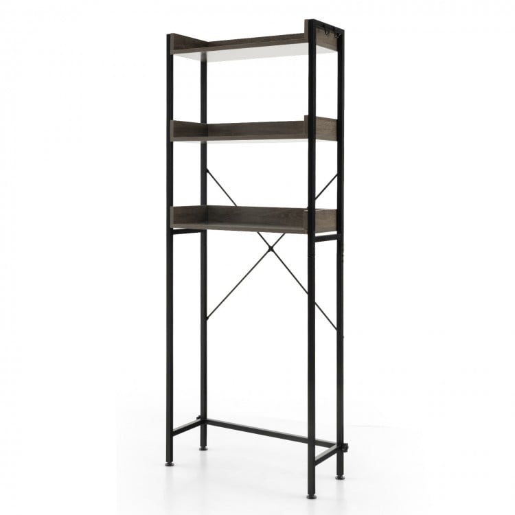 Over the toilet storage rack in gray with three shelves, adjustable bottom bar, and hooks for towels, ideal for.