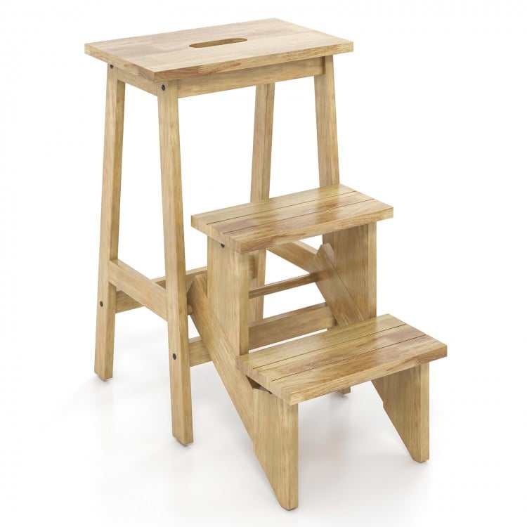 3-in-1 rubber wood step stool in natural finish, angled view highlighting wide pedals and sturdy design for safe use.