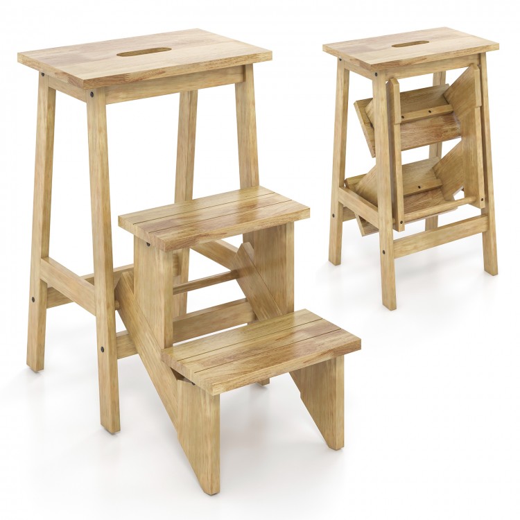 3-in-1 rubber wood step stool with handle, featuring anti-slip surface and wide pedals for safe standing and stability.