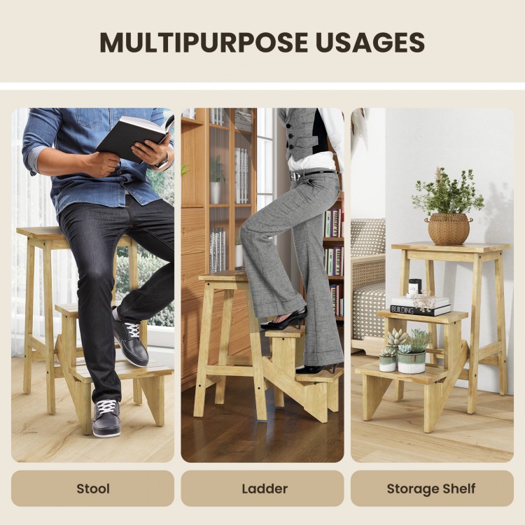 3-in-1 rubber wood step stool shown as a stool, ladder, and storage shelf for versatile home use.