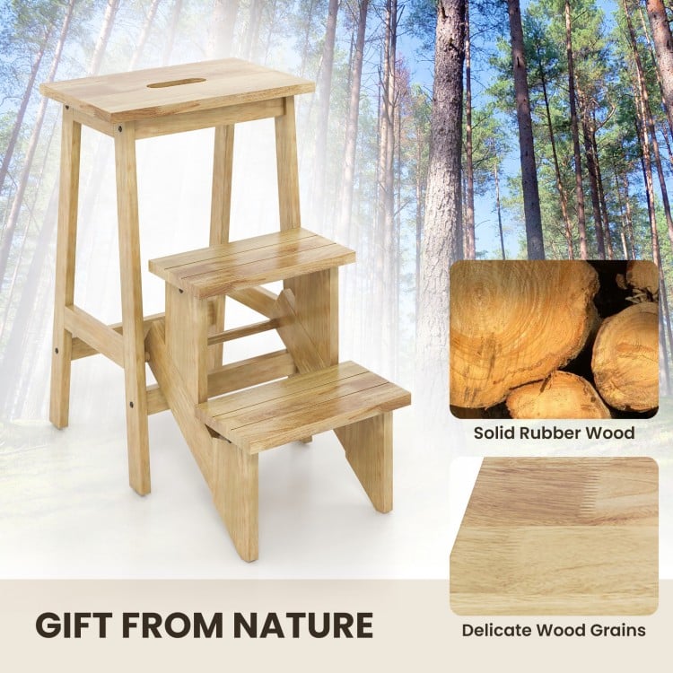 3-in-1 rubber wood step stool with natural finish, featuring anti-slip surface and convenient handle for easy movement.