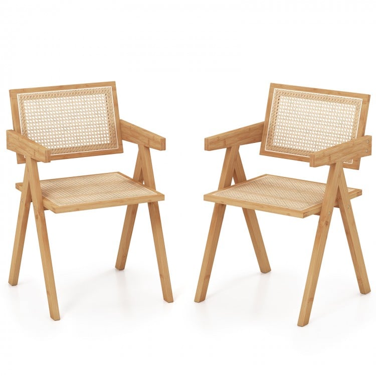 Set of 2 natural bamboo accent chairs with cozy backrest and armrest, perfect for dining or living room use.