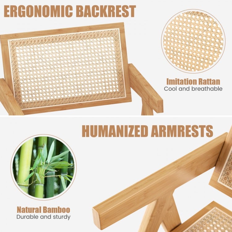 Ergonomic backrest and imitation rattan detail of a rattan accent chair with a natural bamboo frame for cozy seating.