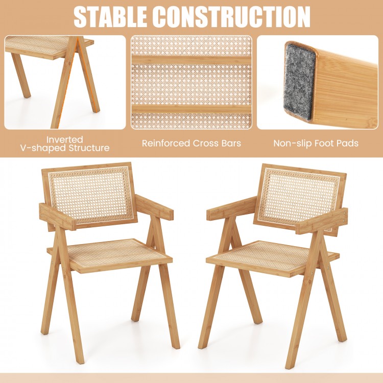 Set of 2 rattan accent chairs with natural bamboo frame, featuring a cozy design and stable inverted V-shaped structure.