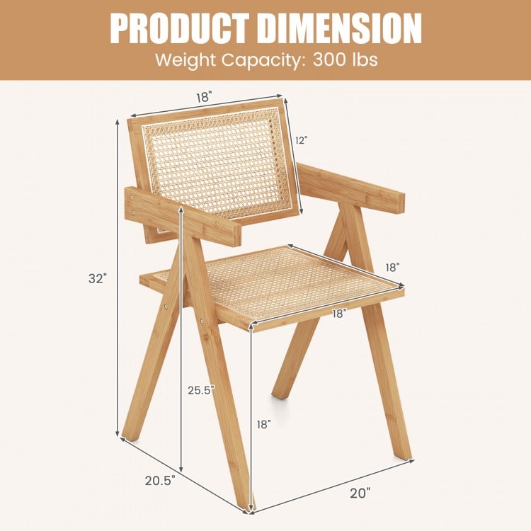 Rattan accent chair dimensions with natural bamboo frame, featuring a cozy backrest and armrest for comfortable seating.