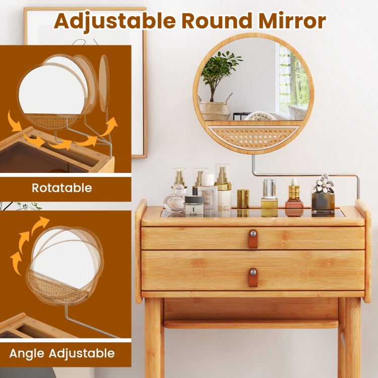 Adjustable round mirror on bamboo makeup vanity table with two storage drawers for easy access to cosmetics.