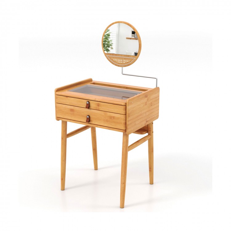 Bamboo makeup vanity table with movable mirror, tempered glass top, and 2 storage drawers for compact spaces.