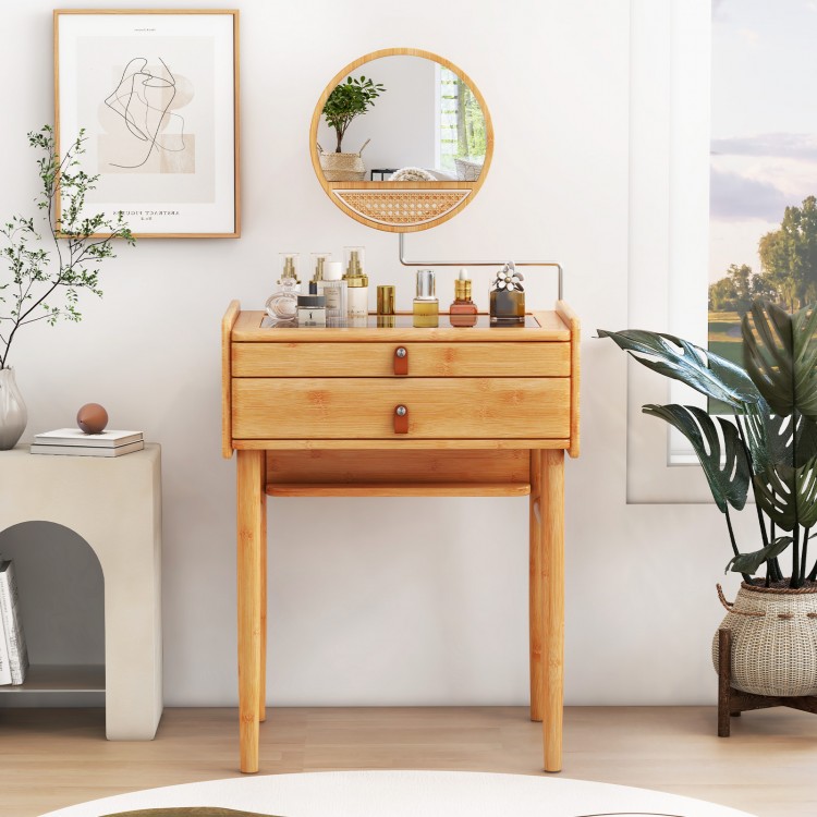 Bamboo makeup vanity table with movable mirror and two storage drawers, perfect for small spaces and cosmetic.