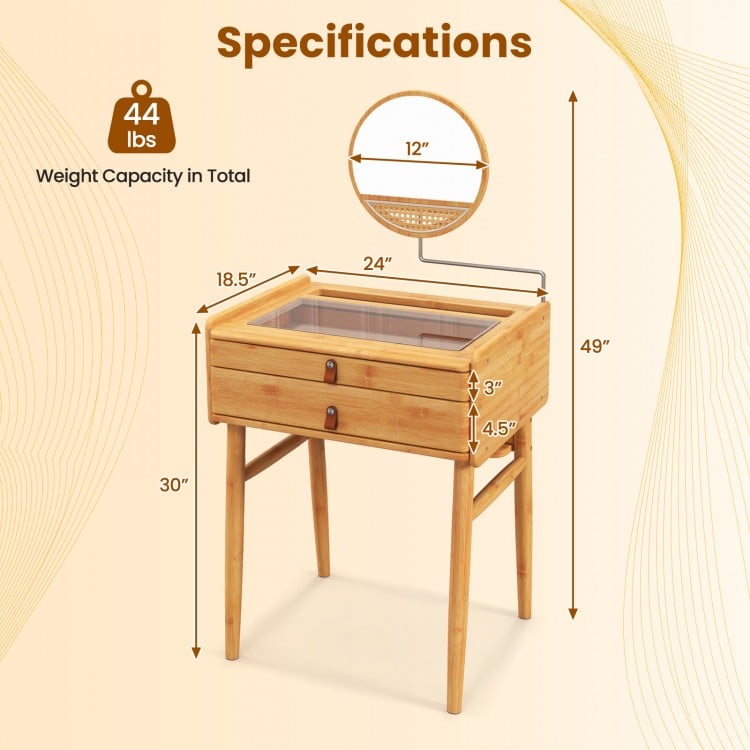 Bamboo makeup vanity table with movable mirror, two storage drawers, and tempered glass top for easy access to.