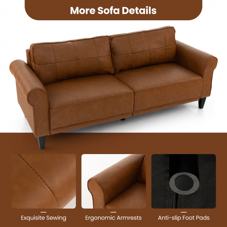 Brown PU leather 3-seater sofa with detachable back pillows, ergonomic armrests, and anti-slip foot pads for stability.
