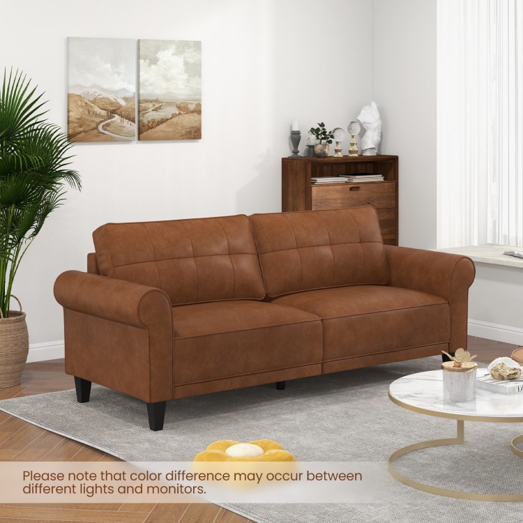 Modern brown PU leather 3-seater sofa couch featuring a comfy padded seat, zipper-back pillows, and elegant tufted.