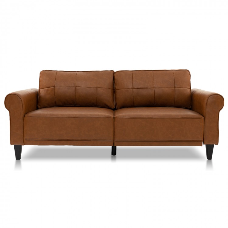 Brown PU leather 3-seater sofa with detachable back pillows, featuring grid tufting and rubber wood legs for stability.