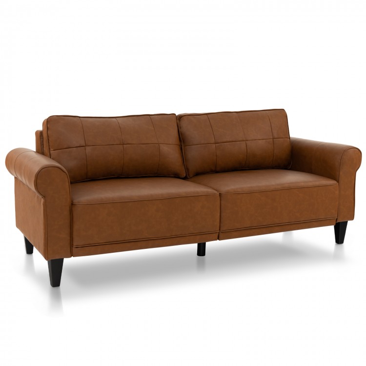 Modern 3-seater sofa couch in brown PU leather with detachable back pillows, ideal for lounging and relaxation.