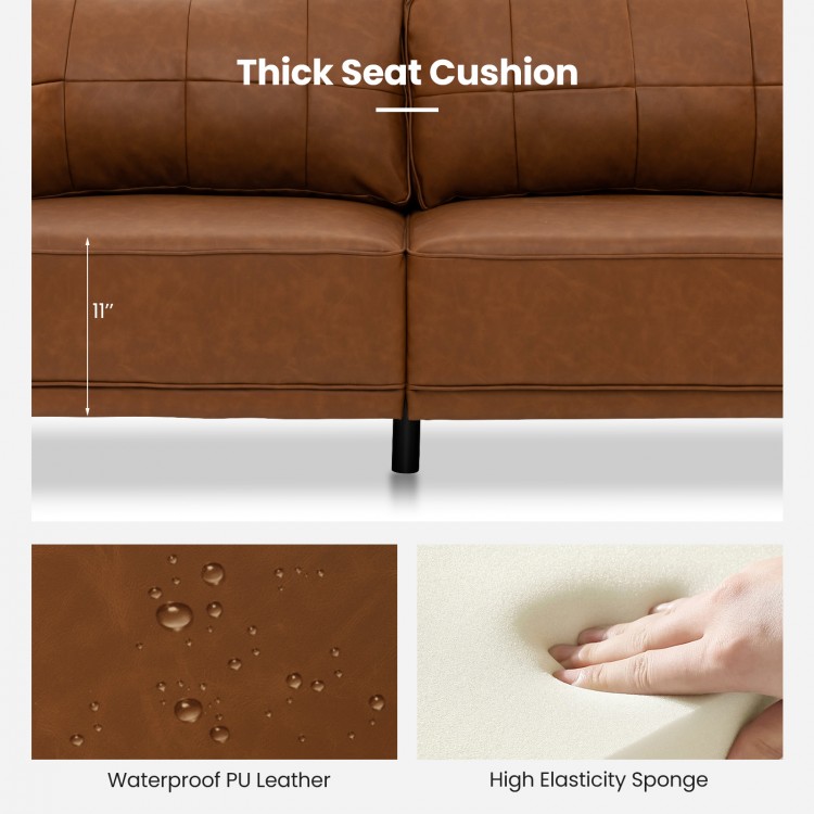 Brown PU leather 3-seater sofa with thick seat cushion, detachable back pillows, and waterproof material for comfort.