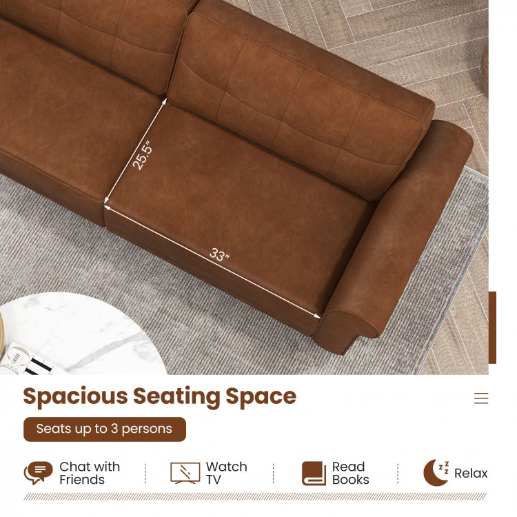 Brown PU leather 3-seater sofa with spacious 25.5" wide seating, detachable back pillows, ideal for relaxing or.