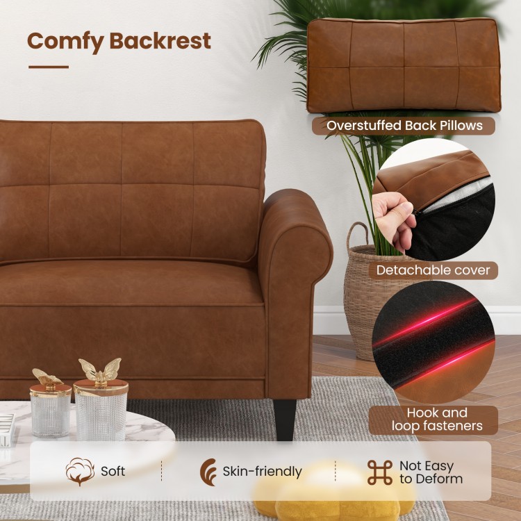 Brown PU leather 3-seater sofa with detachable back pillows, comfy backrest, and sturdy rubber wood legs for stability.
