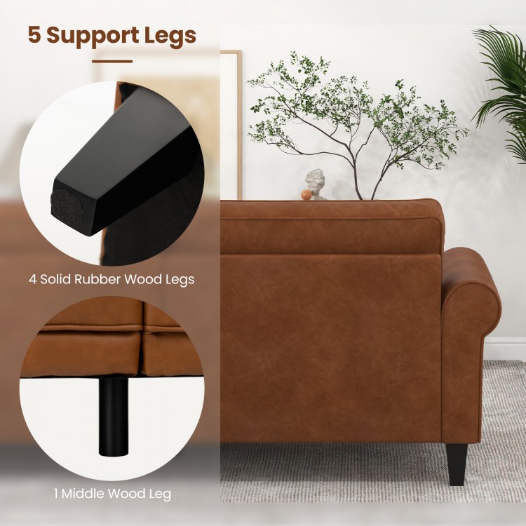 Close-up of the PU leather 3-seater sofa's support legs, featuring 4 solid rubber wood legs and 1 metal leg for.