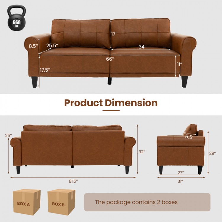 Brown PU leather 3-seater sofa with detachable back pillows, showing dimensions and design details for comfortable.