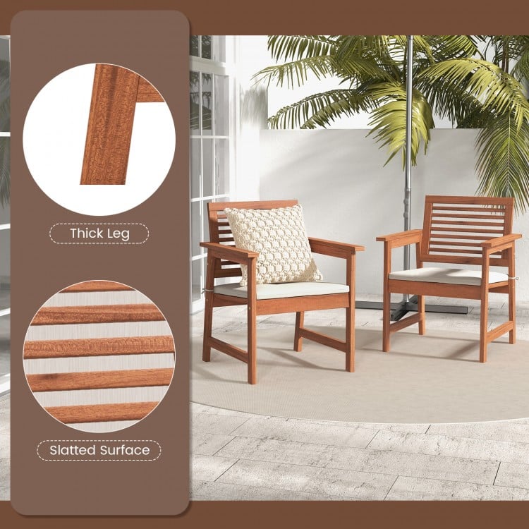 Set of 2 patio solid wood dining chairs with slatted seat and cushions, perfect for backyard or poolside relaxation.