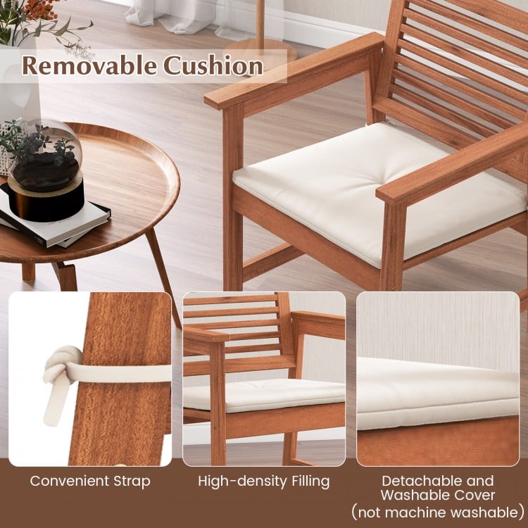 Solid wood dining chair with removable cushion, featuring a slatted seat and convenient fixing straps for outdoor use.