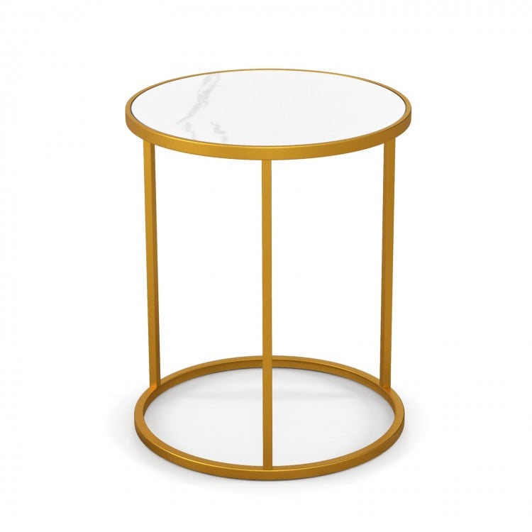 Round side table with a faux marble top and golden metal frame, perfect for small spaces in living rooms or bedrooms.