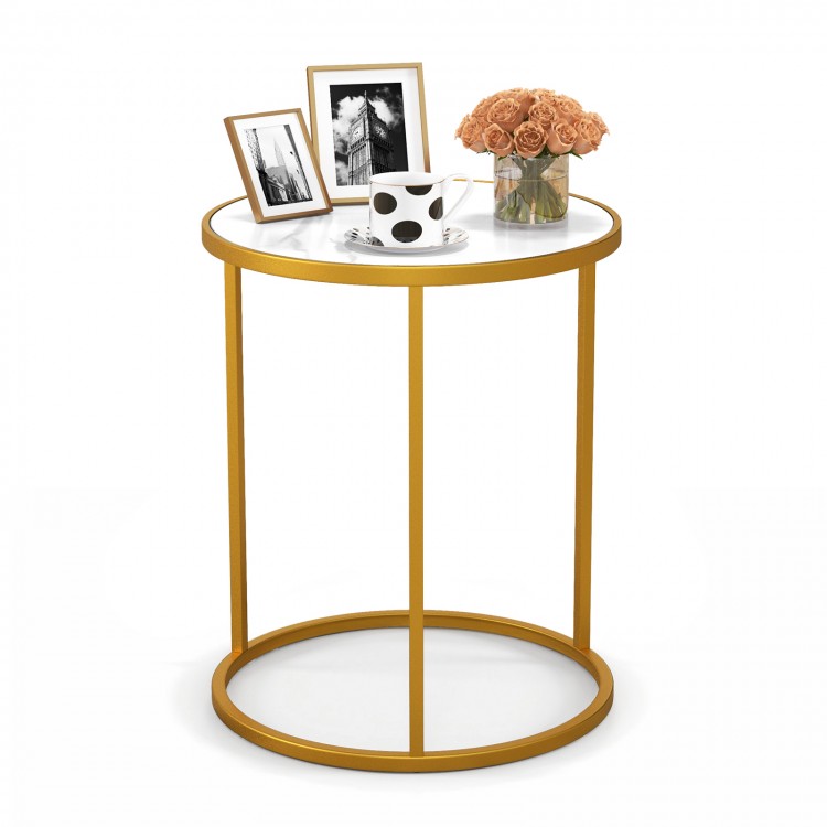 Round side table with faux marble top and golden metal frame, ideal for small spaces in living room or bedroom.