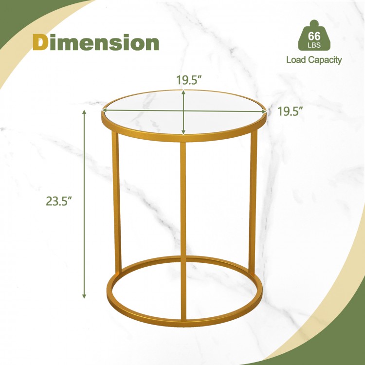 Round side table with faux marble top and golden metal frame, dimensions 19.5" x 19.5" x 23.5", ideal for small spaces.