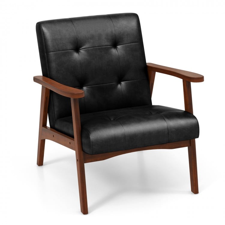 Mid Century Modern Accent Chair with Solid Rubber Wood Frame and Leather Cover - Gallery View 1 of 10