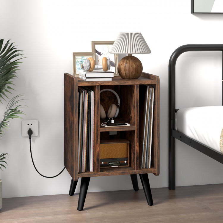 Vinyl record storage turntable stand in brown with 4 open shelves and charging ports, perfect for bedroom or living.