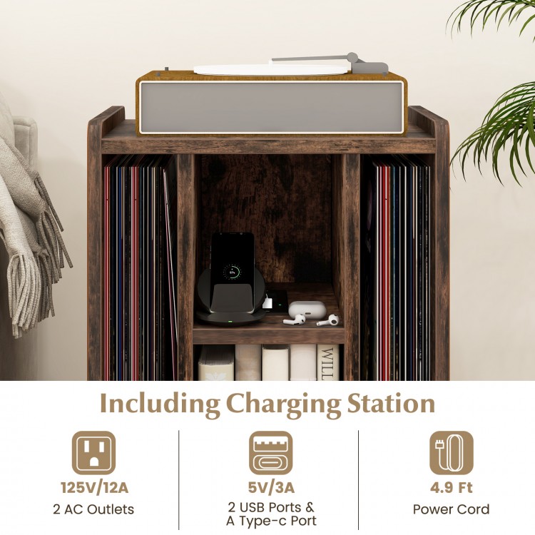 Vinyl record storage turntable stand in brown with 4 open shelves and built-in charging station for electronic devices.
