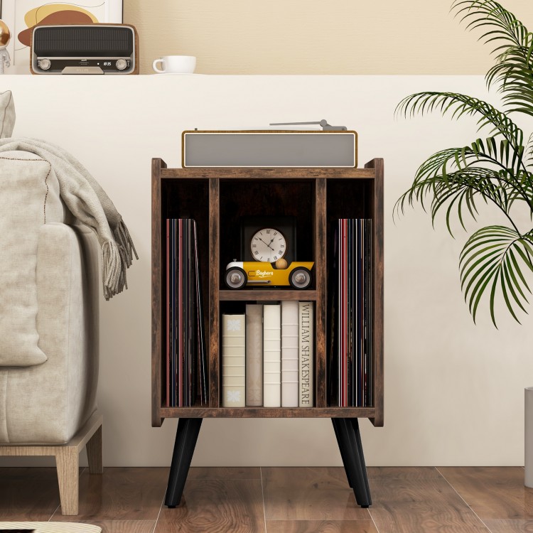 Vinyl record storage turntable stand in brown with 4 open shelves, perfect for organizing records and electronics.