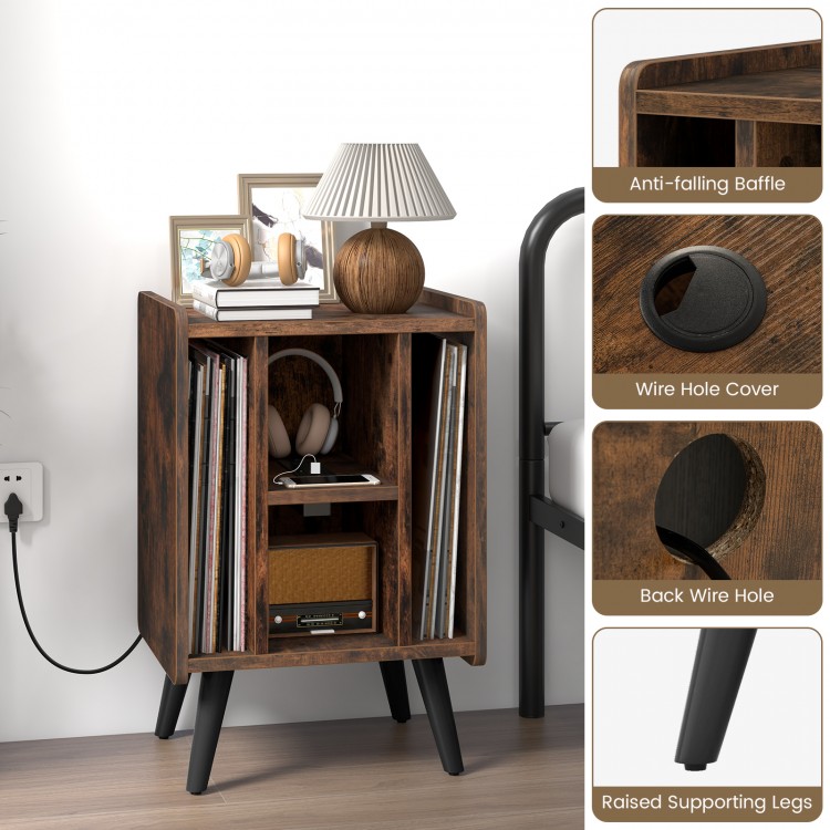 Vinyl record storage turntable stand in brown with 4 open shelves, featuring USB ports and anti-falling baffle for.
