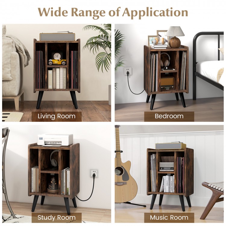 Vinyl record storage turntable stand in brown with 4 open shelves, ideal for living room, bedroom, or study use.