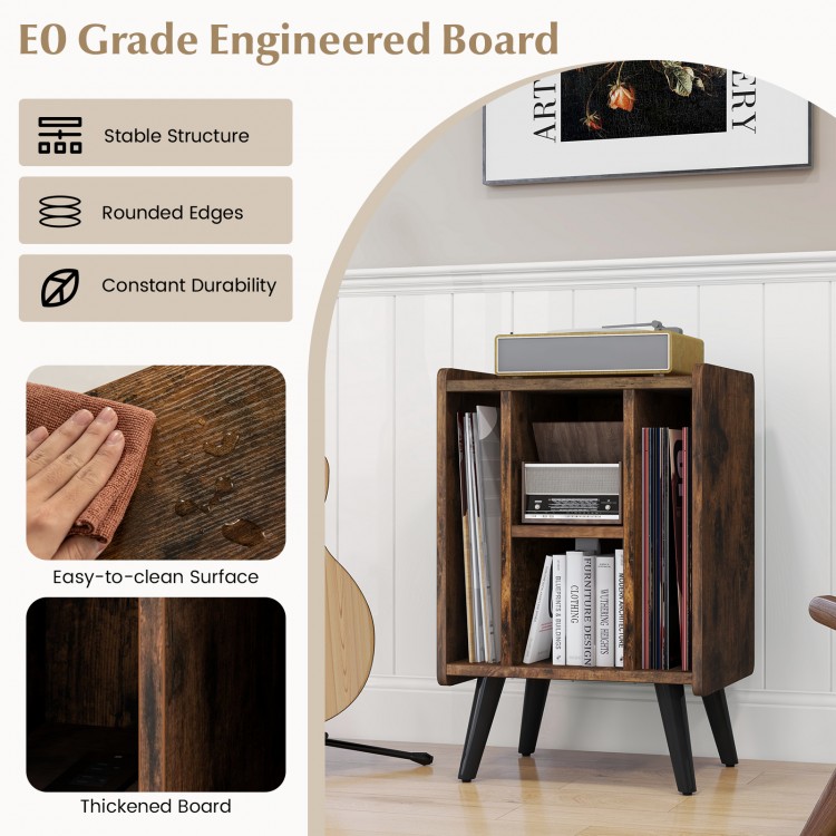 Vinyl record storage turntable stand in brown with 4 open shelves, USB ports, and a modern design for versatile room.