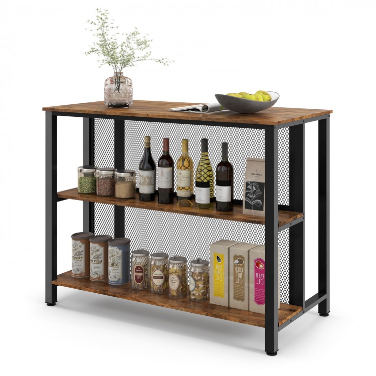 Rustic brown 36-inch 3-tier bar table with metal frame and open storage for wines, snacks, and decorations.